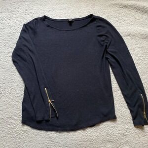 Ann Taylor Long Sleeve‎ T-Shirt Black Women's Size Large Tee Womens Gold Zipper